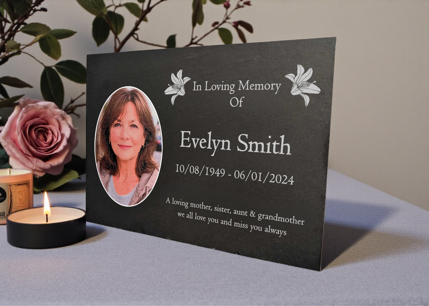 Photo Slate Memorial Plaque, Lilys, Add a Portrait & Personalised Text | 35×25cm (14×10”)