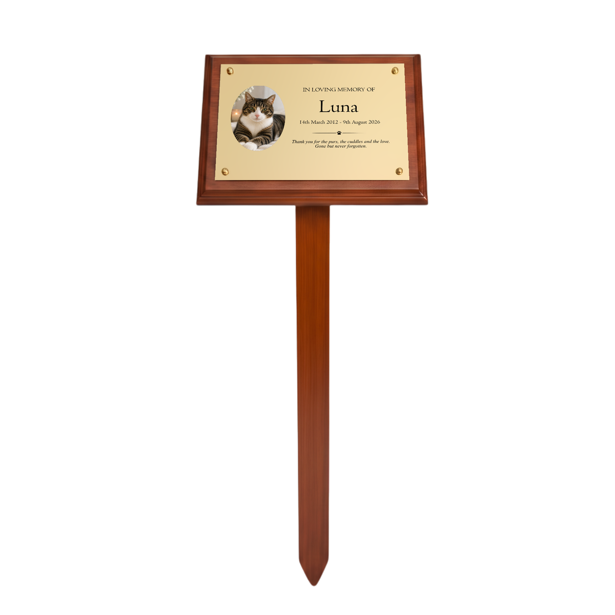 Personalised Mahogany Memorial Plaque on Stake, Cat Photo Design
