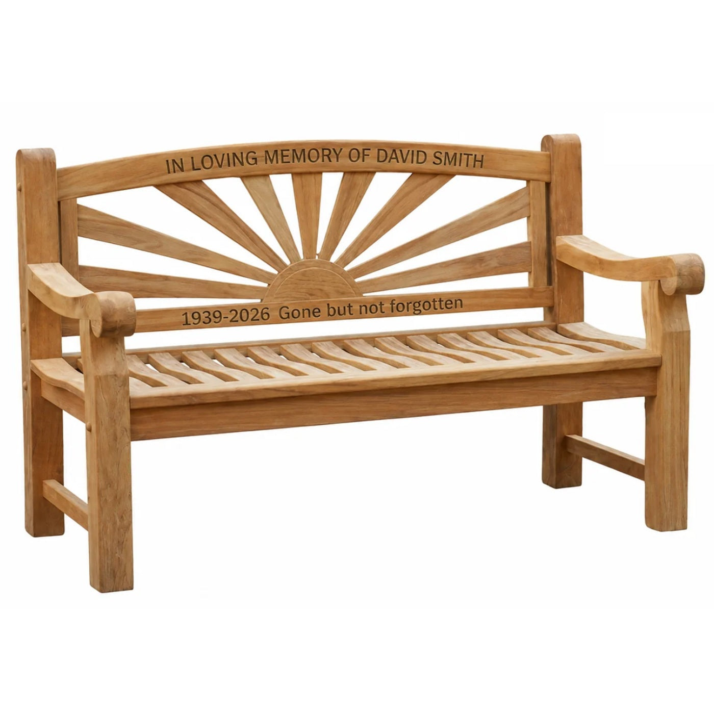 Premium Chunky Teak Sunrise Memorial Bench, Add Your Personal Engraving