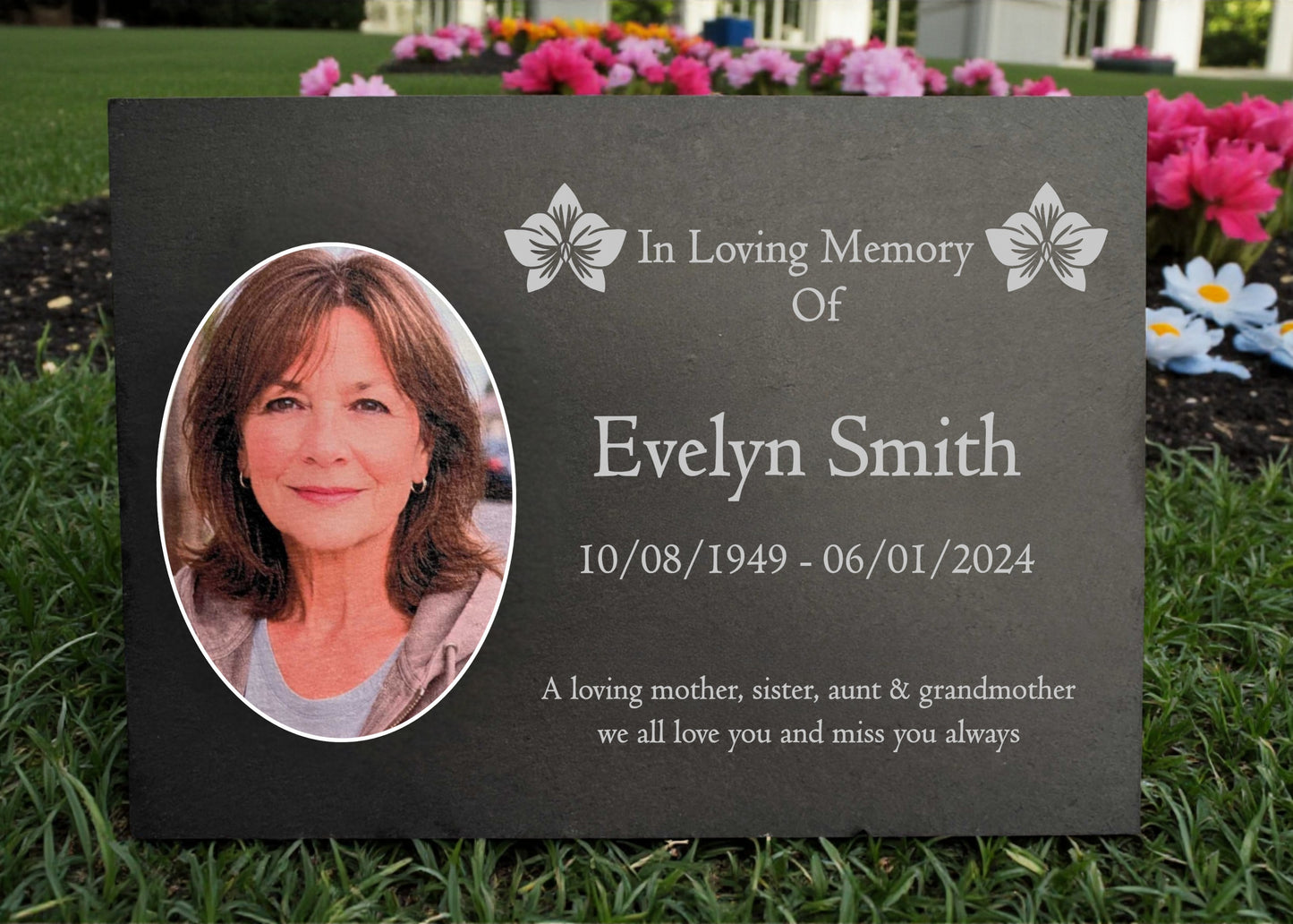 Photo Slate Memorial Plaque, Orchid, Add a Portrait & Personalised Text | 35×25cm (14×10”)
