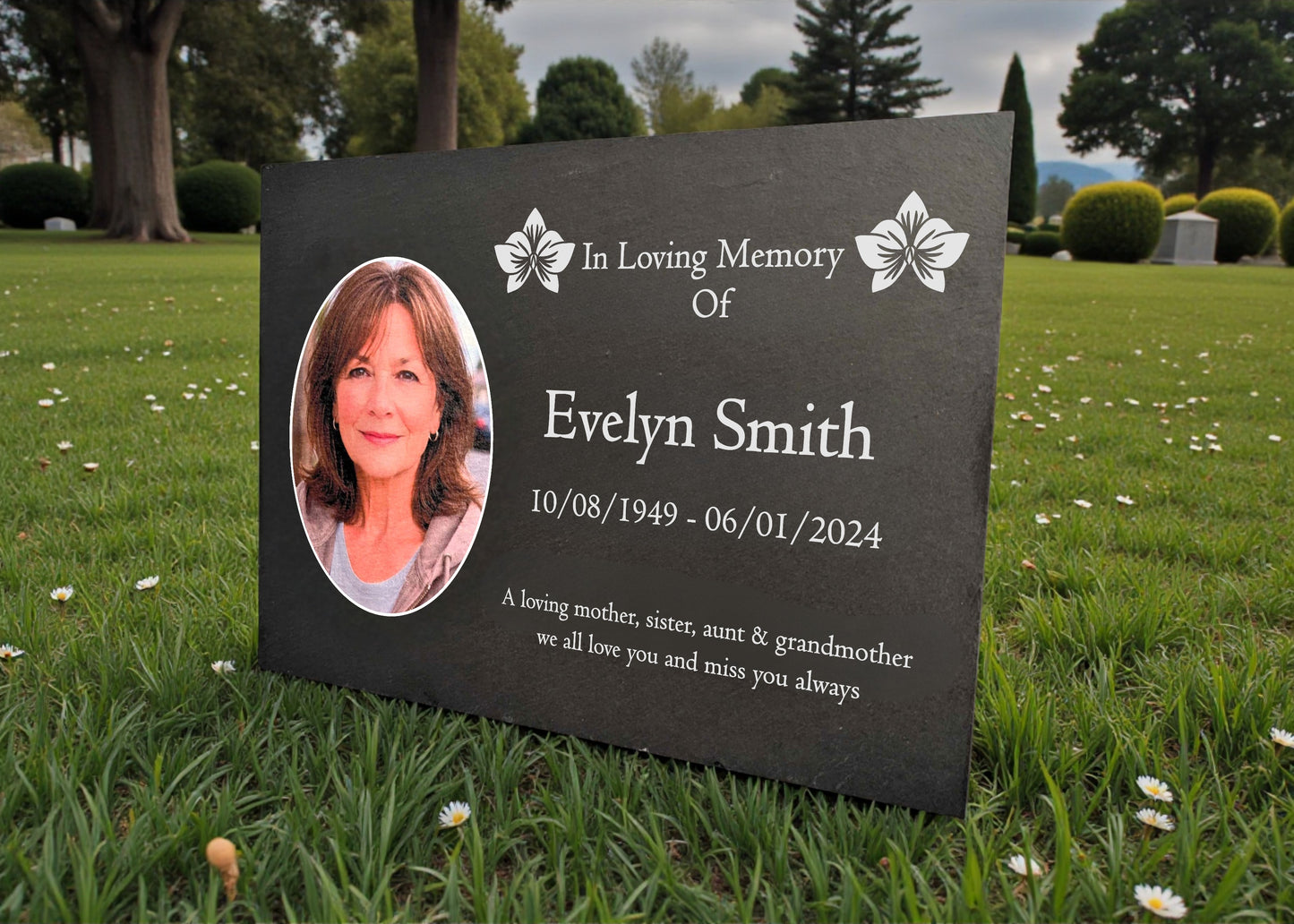 Photo Slate Memorial Plaque, Orchid, Add a Portrait & Personalised Text | 35×25cm (14×10”)