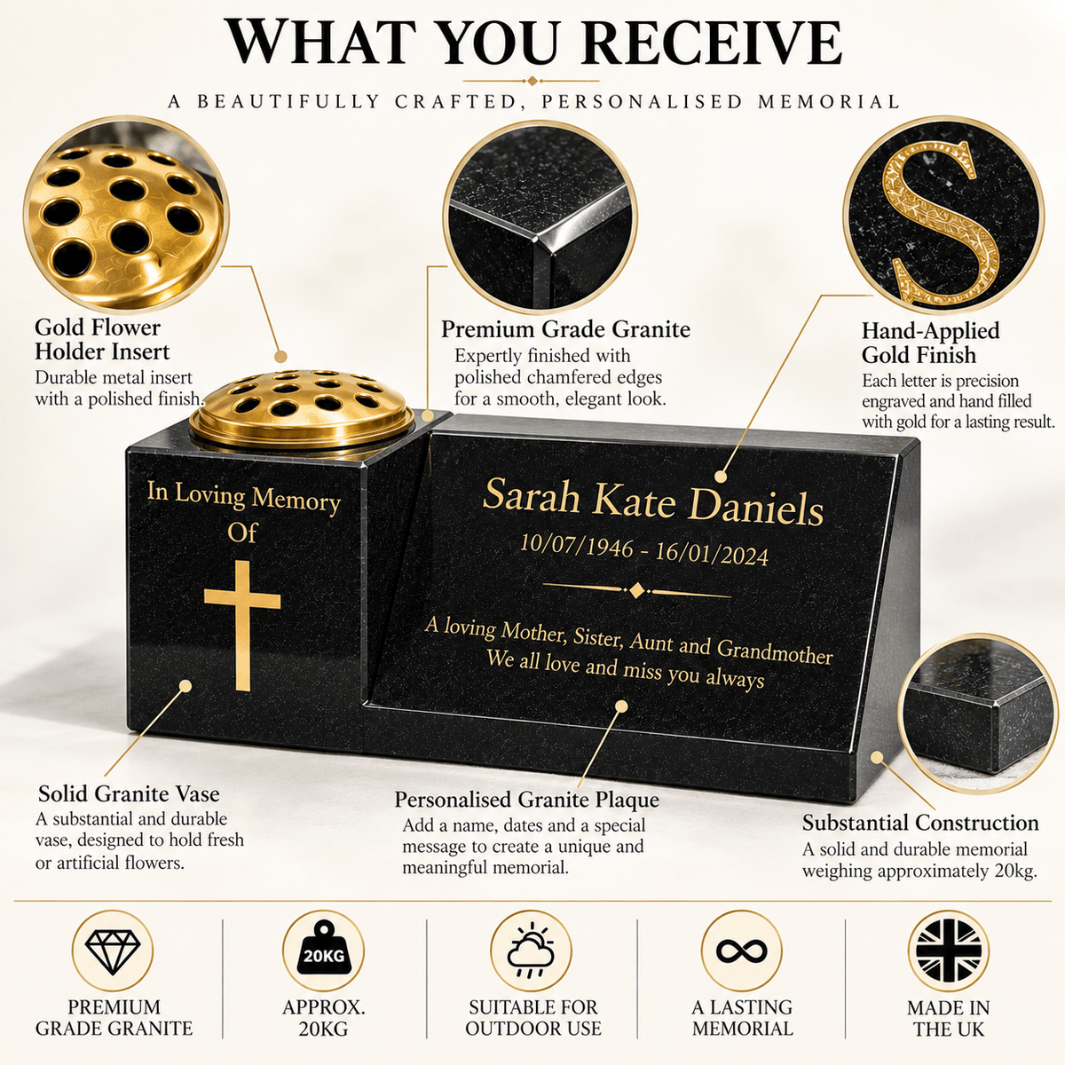 Granite Memorial Vase and Plaque Combination – Cross Design, Solid Granite (16x6x6”) with Flower Pot Insert