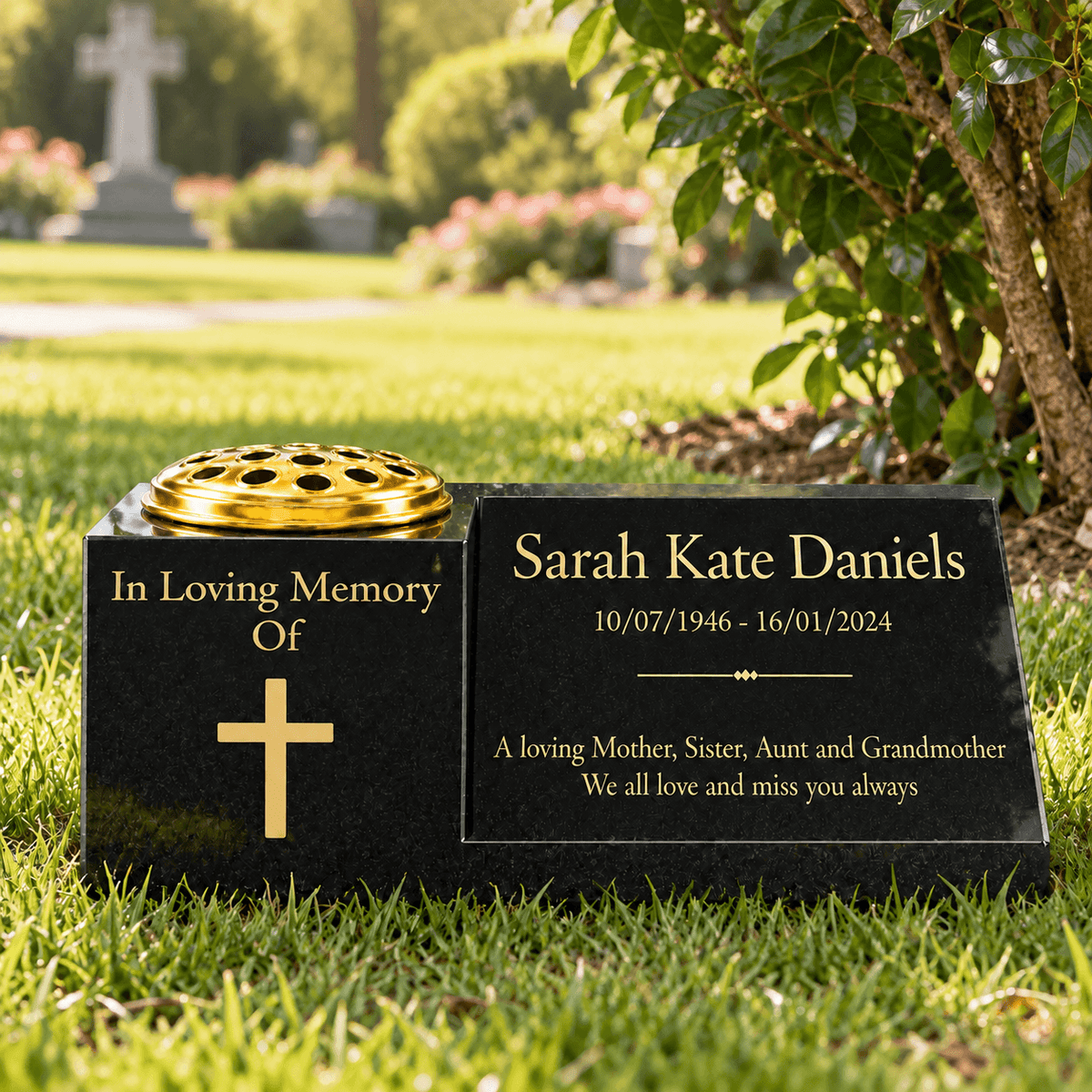 Granite Memorial Vase and Plaque Combination – Cross Design, Solid Granite (16x6x6”) with Flower Pot Insert