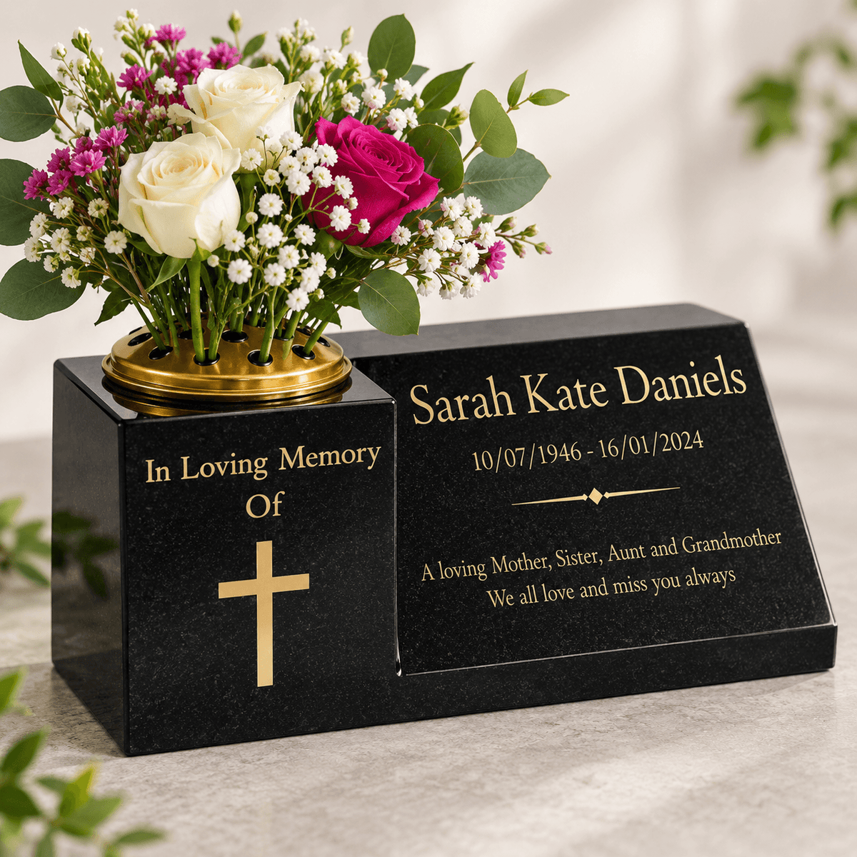 Granite Memorial Vase and Plaque Combination – Cross Design, Solid Granite (16x6x6”) with Flower Pot Insert