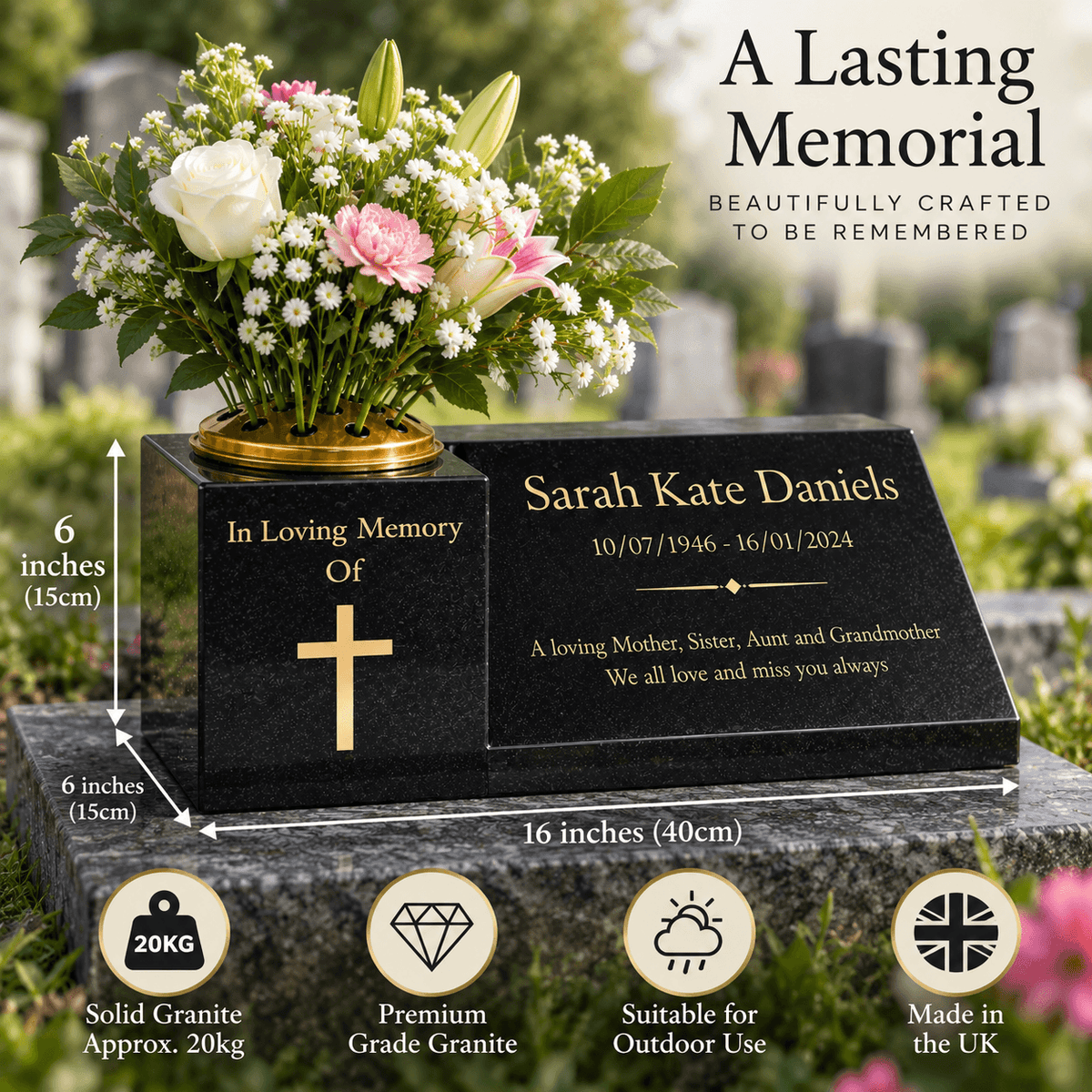 Granite Memorial Vase and Plaque Combination – Cross Design, Solid Granite (16x6x6”) with Flower Pot Insert