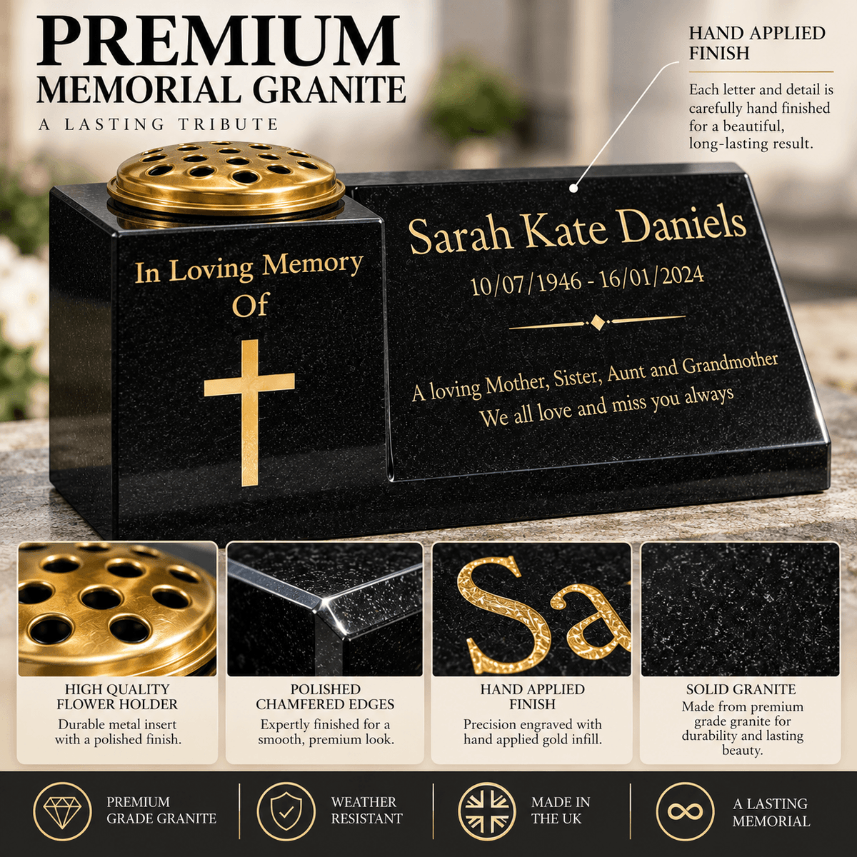 Granite Memorial Vase and Plaque Combination – Cross Design, Solid Granite (16x6x6”) with Flower Pot Insert