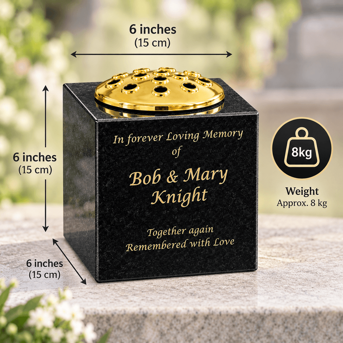 Granite Memorial Vase - Solid Granite - Free Personalised Gold Engraving – Includes Metal Flower Pot Insert