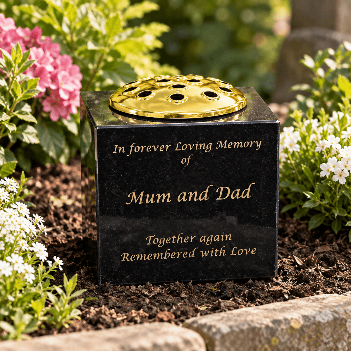 Granite Memorial Vase - Solid Granite - Free Personalised Gold Engraving – Includes Metal Flower Pot Insert
