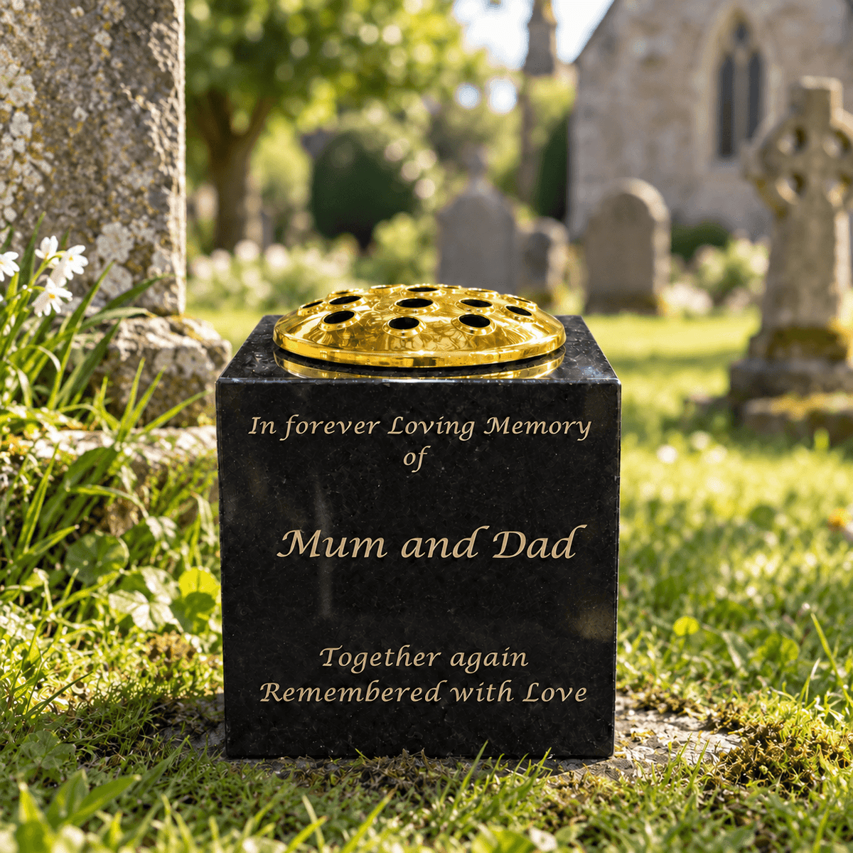 Granite Memorial Vase - Solid Granite - Free Personalised Gold Engraving – Includes Metal Flower Pot Insert