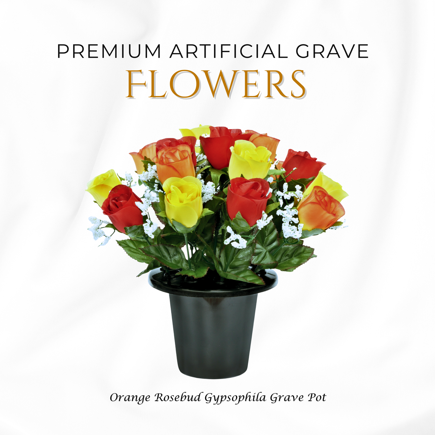 Premium Artificial Grave Flowers – 25cm Orange Rosebud With Gypsophila | Memorial Vase Pot
