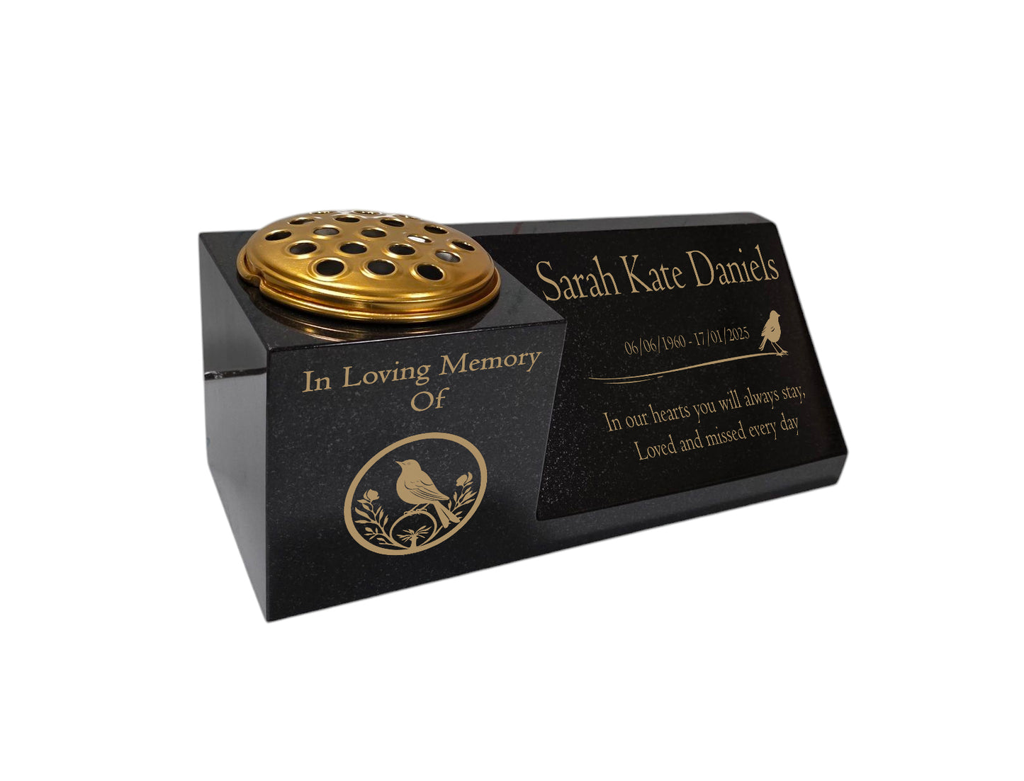 Granite Memorial Vase and Plaque Combination – Robin Design, Solid Granite (16x6x6”) with Flower Pot Insert