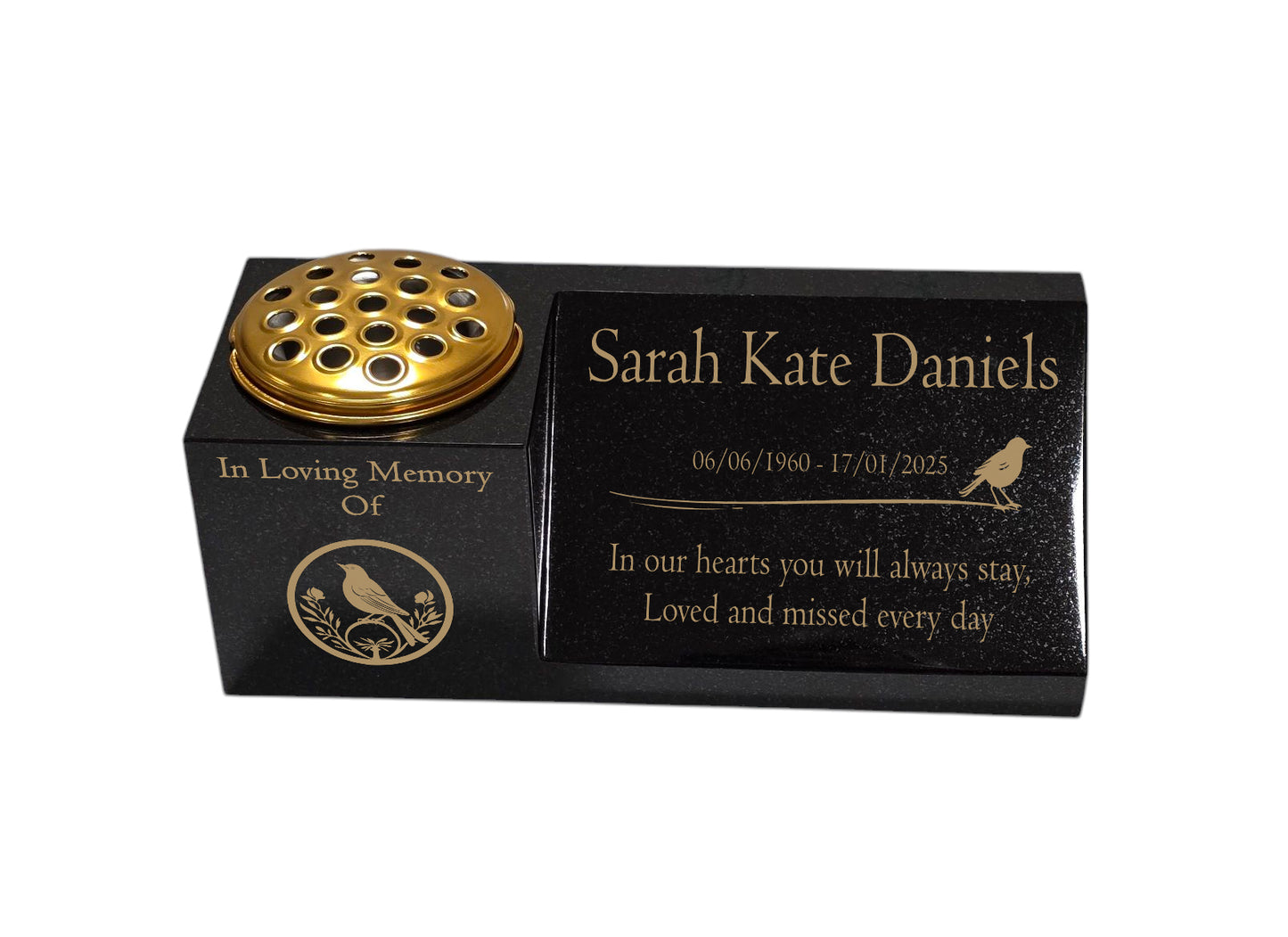 Granite Memorial Vase and Plaque Combination – Robin Design, Solid Granite (16x6x6”) with Flower Pot Insert