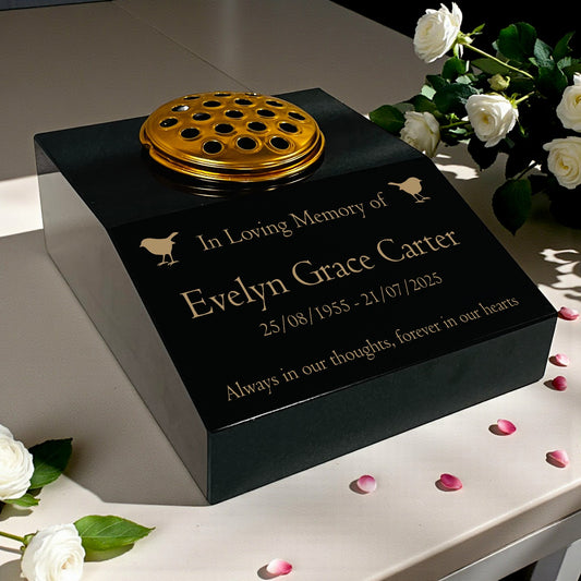 Black Granite Sloping Memorial Desk with Vase – Robin Design, Free Gold Engraving, 12x10x4"