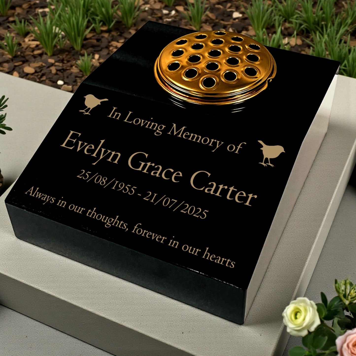 Black Granite Sloping Memorial Desk with Vase – Robin Design, Free Gold Engraving, 12x10x4"