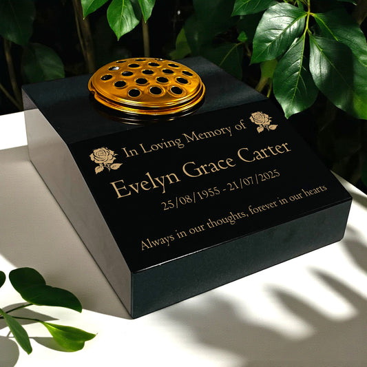 Black Granite Sloping Memorial Desk with Vase – Rose Design, Free Gold Engraving, 12x10x4"