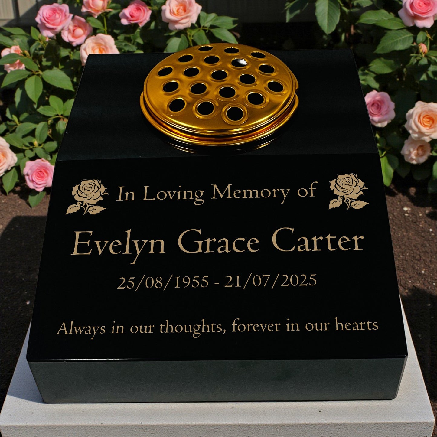 Black Granite Sloping Memorial Desk with Vase – Rose Design, Free Gold Engraving, 12x10x4"