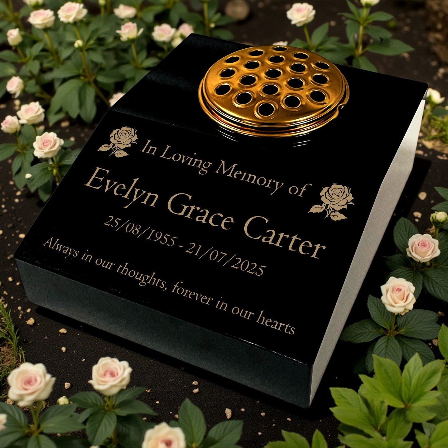 Black Granite Sloping Memorial Desk with Vase – Rose Design, Free Gold Engraving, 12x10x4"