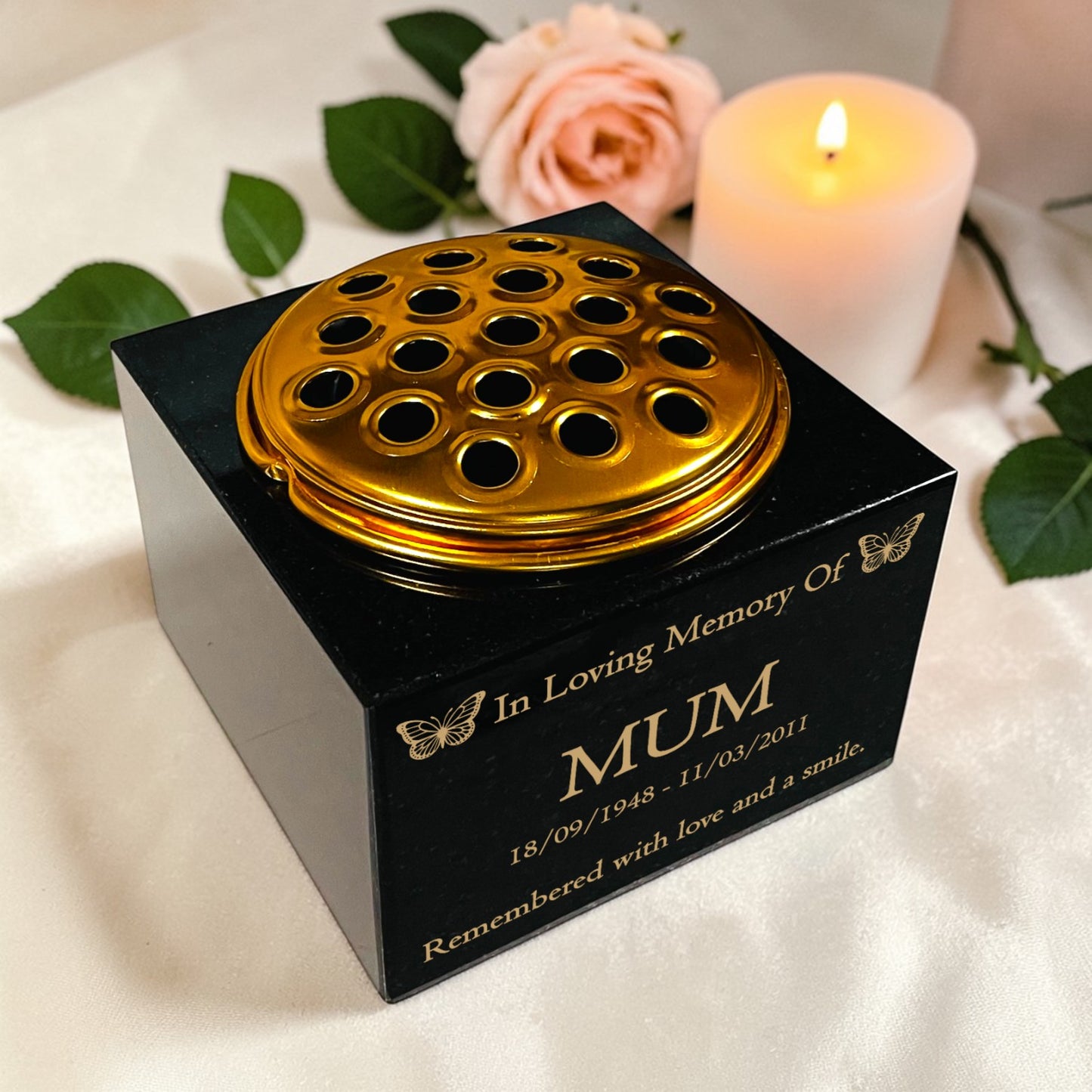 Granite Memorial Vase with Butterfly Design, Free Personalised Gold Engraving, Solid Granite 6 x 6 x 4 Inches