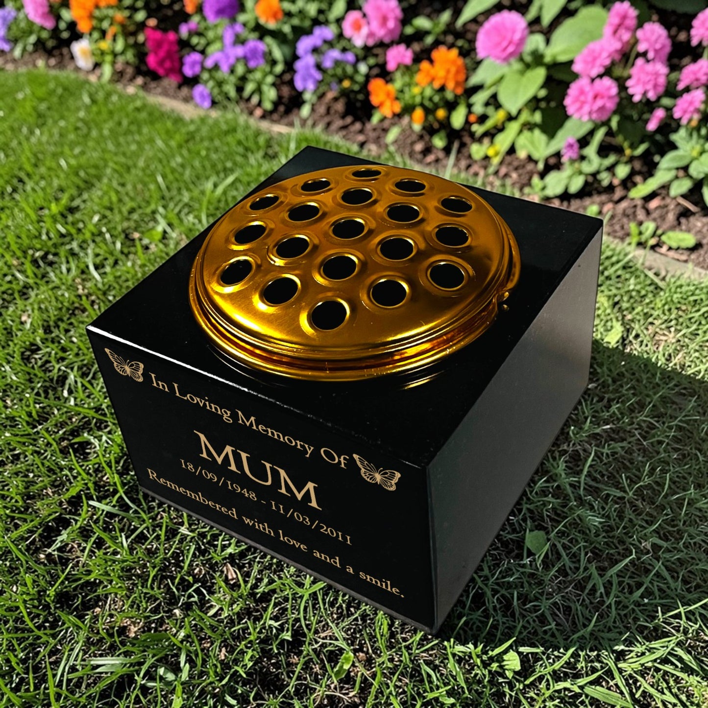 Granite Memorial Vase with Butterfly Design, Free Personalised Gold Engraving, Solid Granite 6 x 6 x 4 Inches