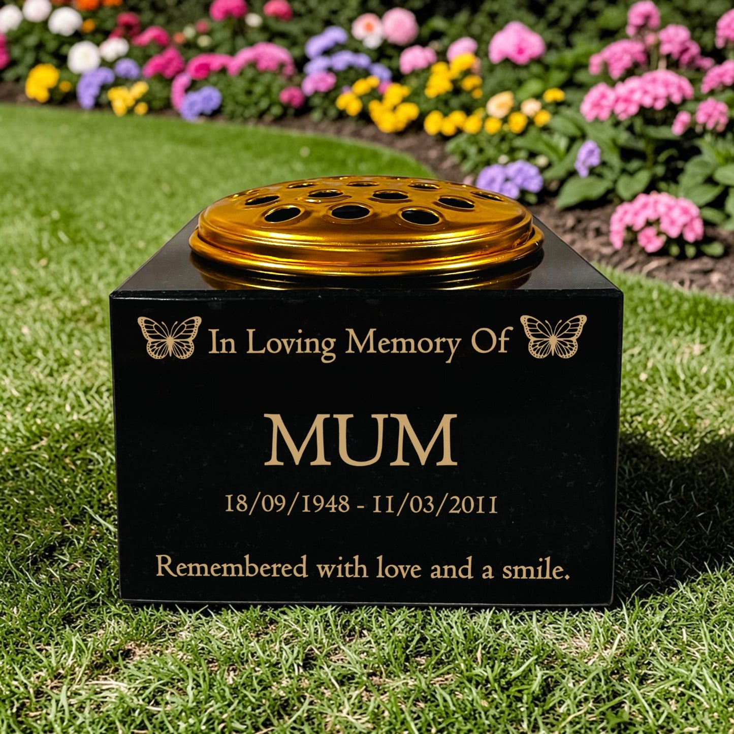 Granite Memorial Vase with Butterfly Design, Free Personalised Gold Engraving, Solid Granite 6 x 6 x 4 Inches