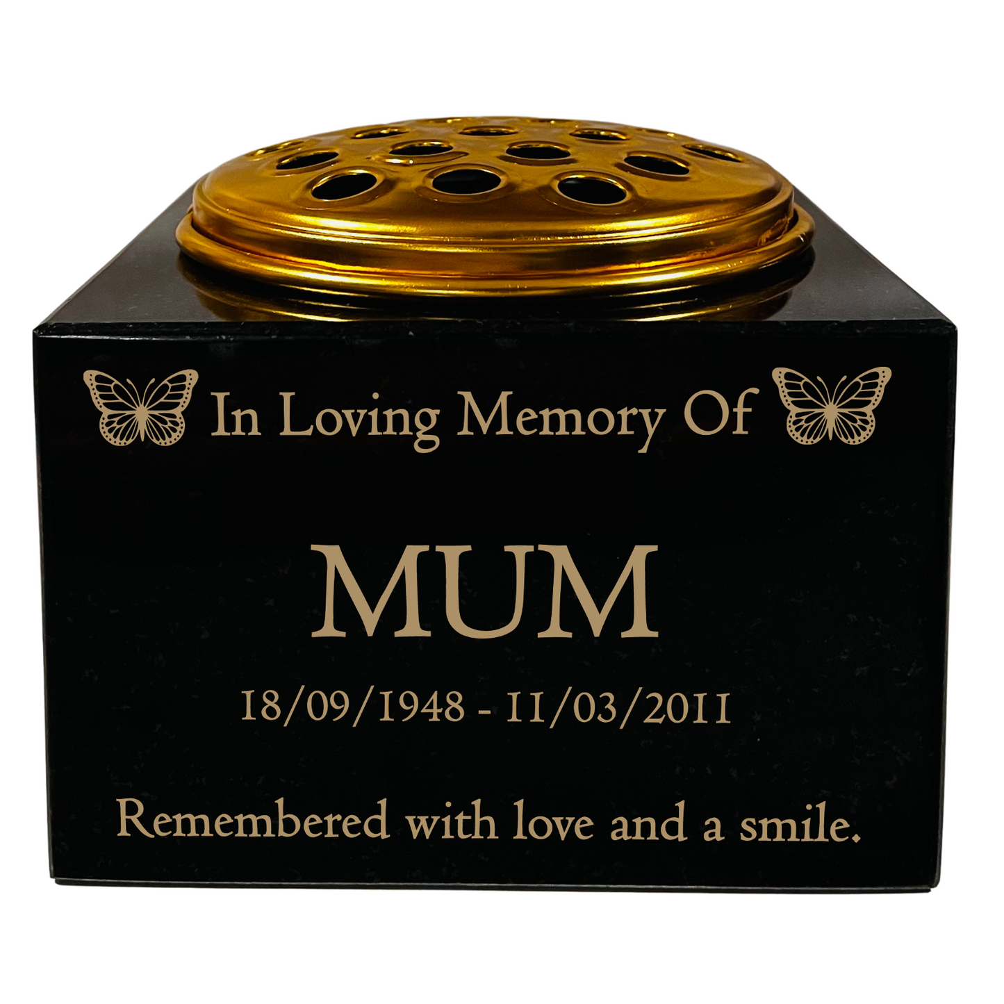 Granite Memorial Vase with Butterfly Design, Free Personalised Gold Engraving, Solid Granite 6 x 6 x 4 Inches