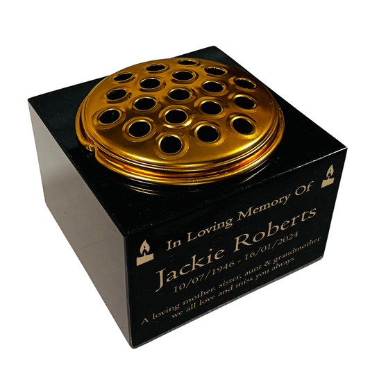 Granite Memorial Vase with Candle Design, Free Personalised Gold Engraving, Solid Granite 6 x 6 x 4 Inches