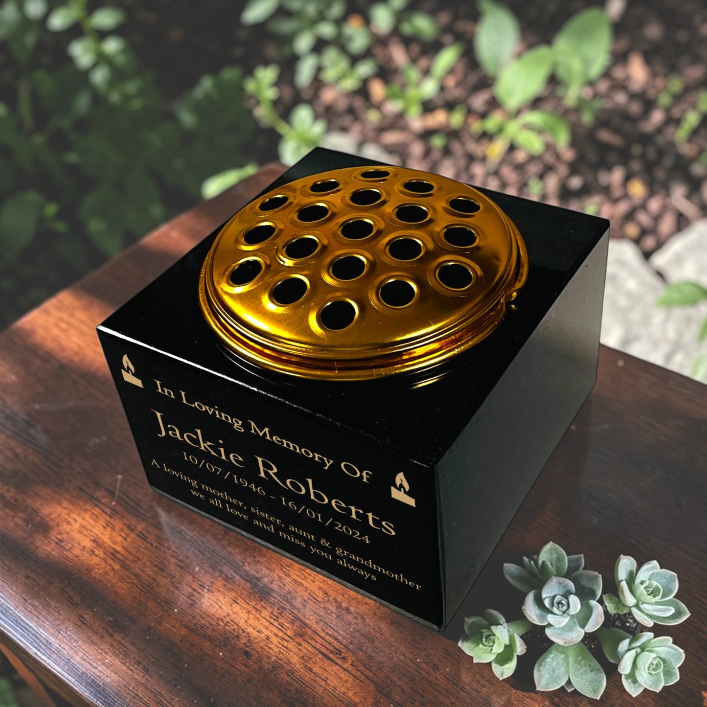 Granite Memorial Vase with Candle Design, Free Personalised Gold Engraving, Solid Granite 6 x 6 x 4 Inches