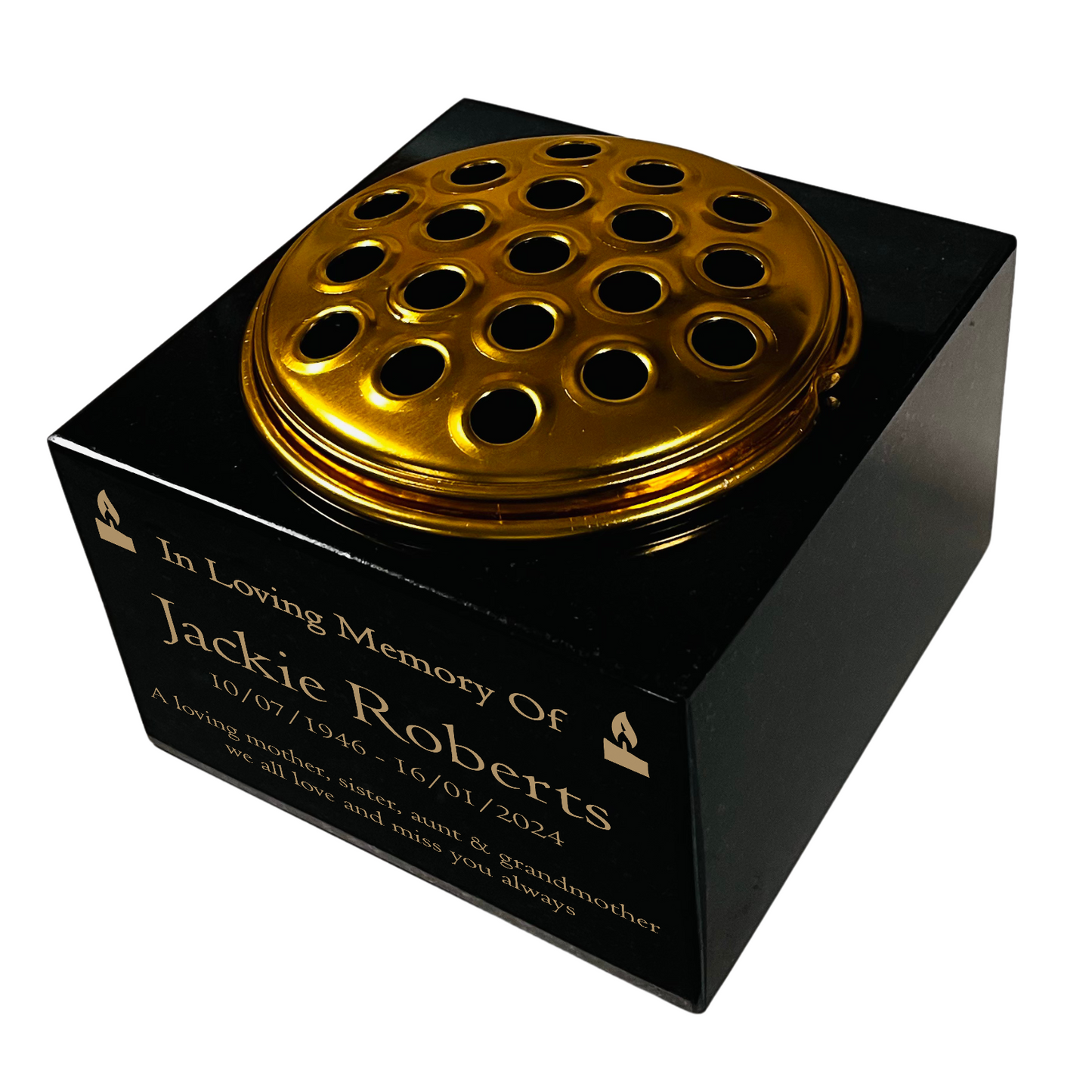 Granite Memorial Vase with Candle Design, Free Personalised Gold Engraving, Solid Granite 6 x 6 x 4 Inches