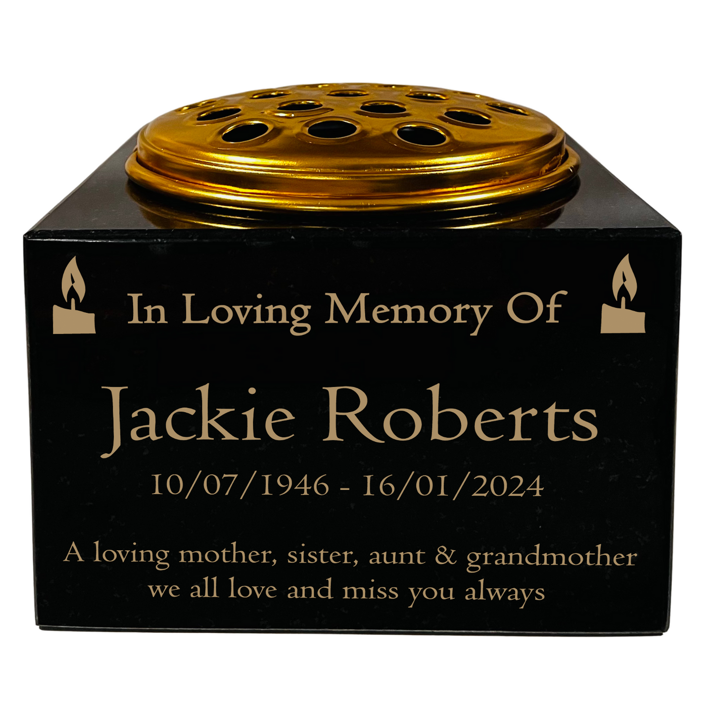 Granite Memorial Vase with Candle Design, Free Personalised Gold Engraving, Solid Granite 6 x 6 x 4 Inches
