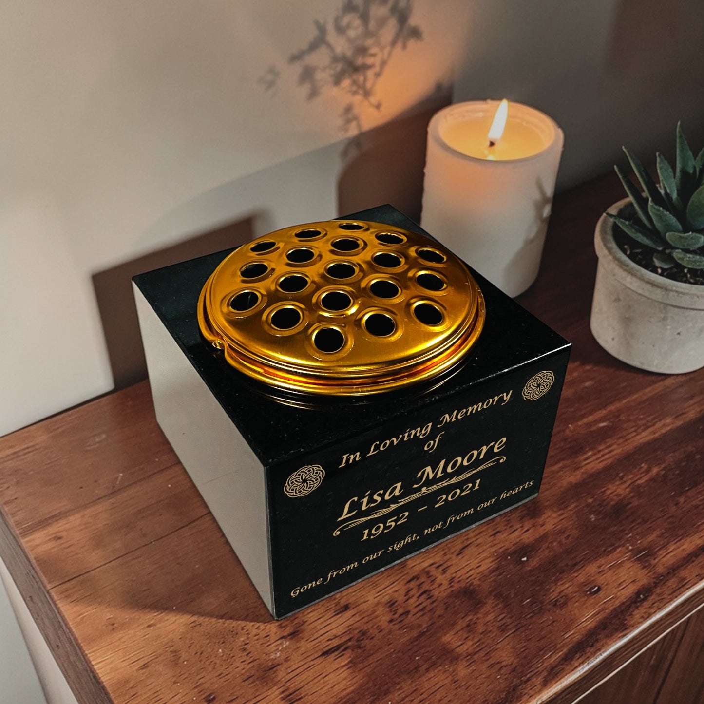 Granite Memorial Vase with Celtic Knot Design 2, Free Personalised Gold Engraving, Solid Granite 6 x 6 x 4 Inches