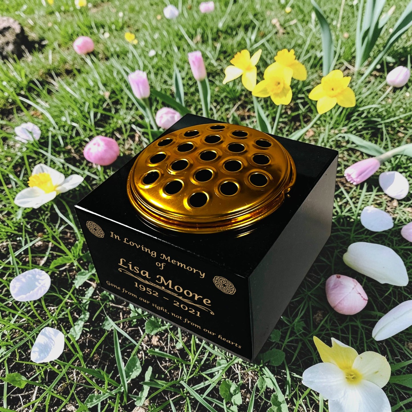 Granite Memorial Vase with Celtic Knot Design 2, Free Personalised Gold Engraving, Solid Granite 6 x 6 x 4 Inches