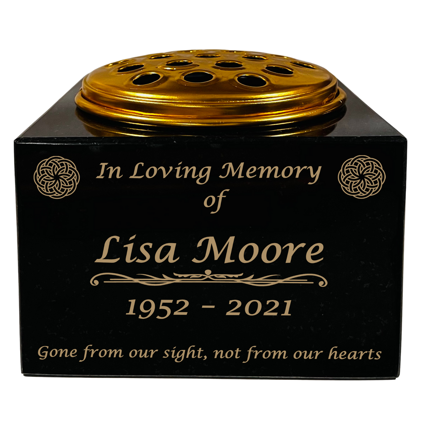 Granite Memorial Vase with Celtic Knot Design 2, Free Personalised Gold Engraving, Solid Granite 6 x 6 x 4 Inches