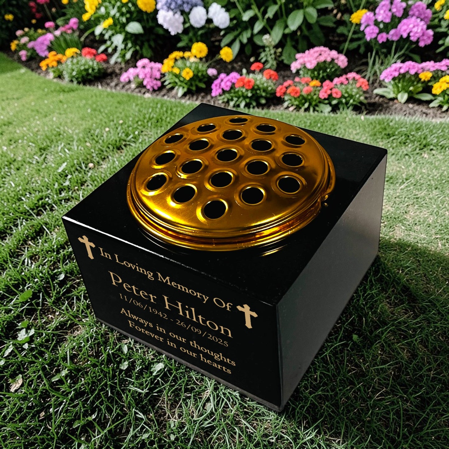 Granite Memorial Vase with Cross Design, Free Personalised Gold Engraving, Solid Granite 6 x 6 x 4 Inches