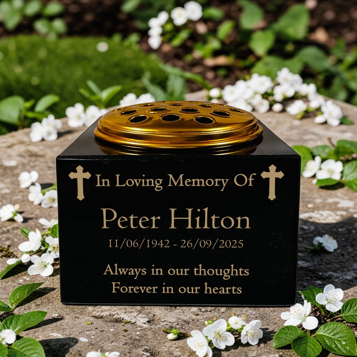 Granite Memorial Vase with Cross Design, Free Personalised Gold Engraving, Solid Granite 6 x 6 x 4 Inches