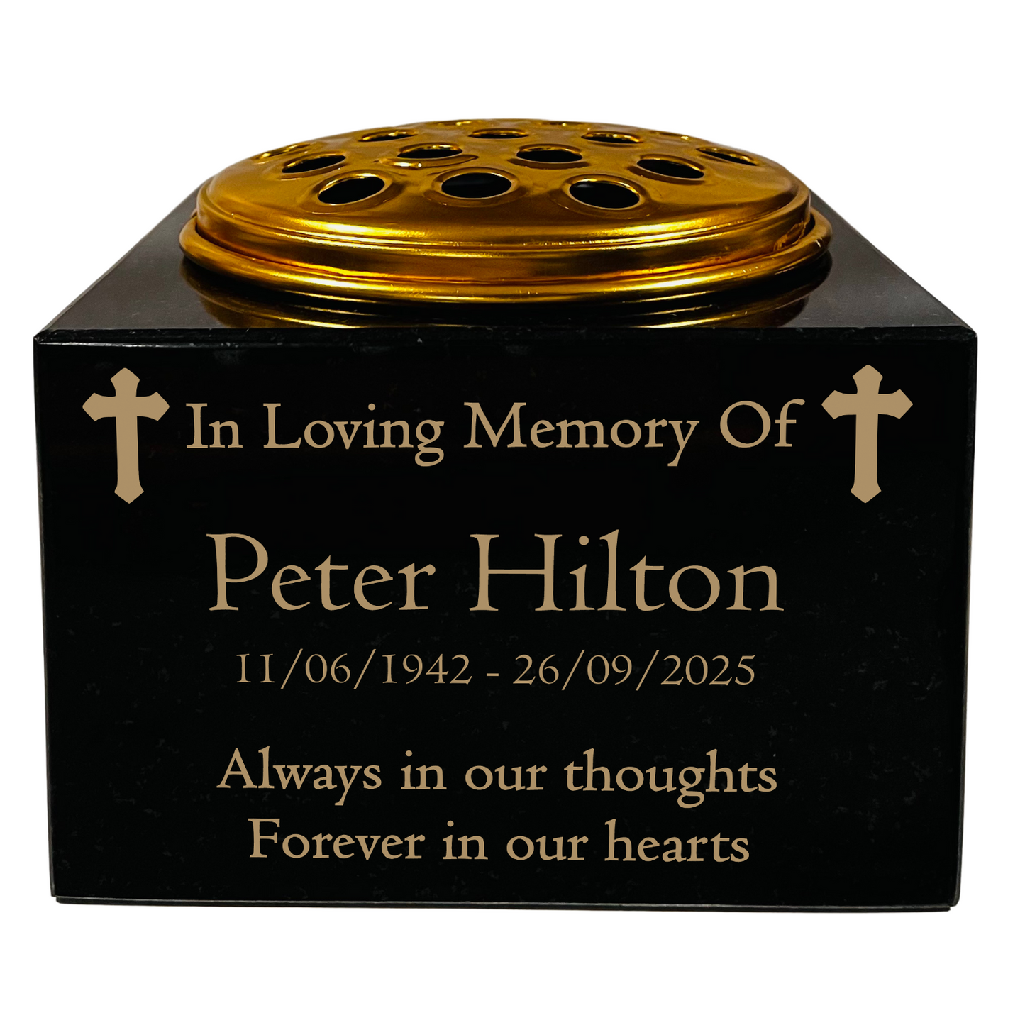 Granite Memorial Vase with Cross Design, Free Personalised Gold Engraving, Solid Granite 6 x 6 x 4 Inches