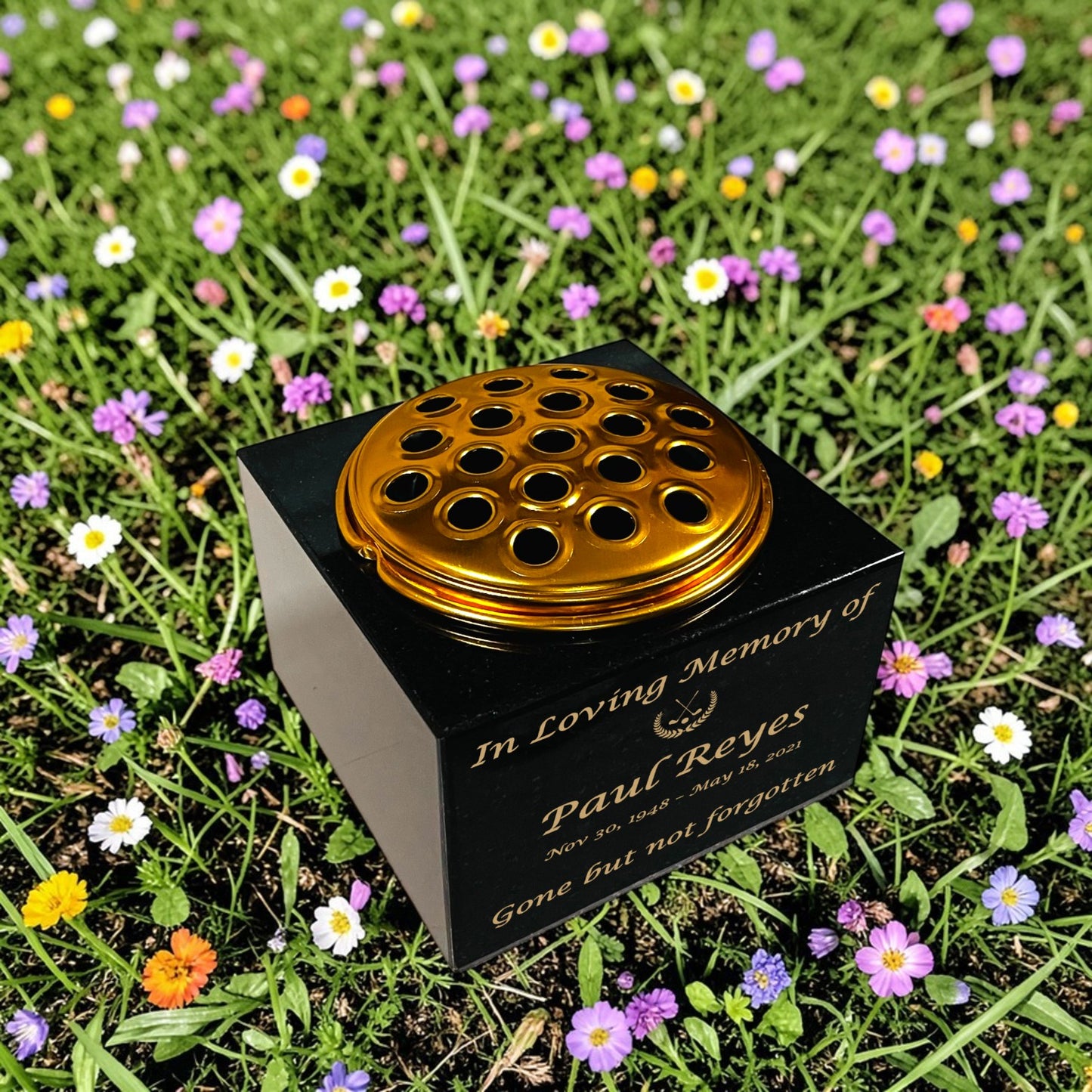 Granite Memorial Vase with Golf Design, Free Personalised Gold Engraving, Solid Granite 6 x 6 x 4 Inches