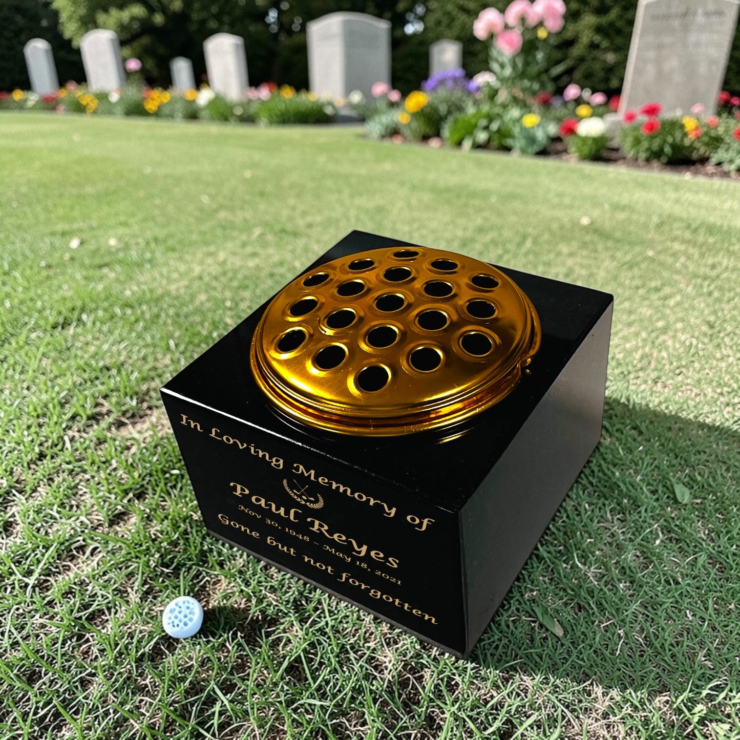 Granite Memorial Vase with Golf Design, Free Personalised Gold Engraving, Solid Granite 6 x 6 x 4 Inches