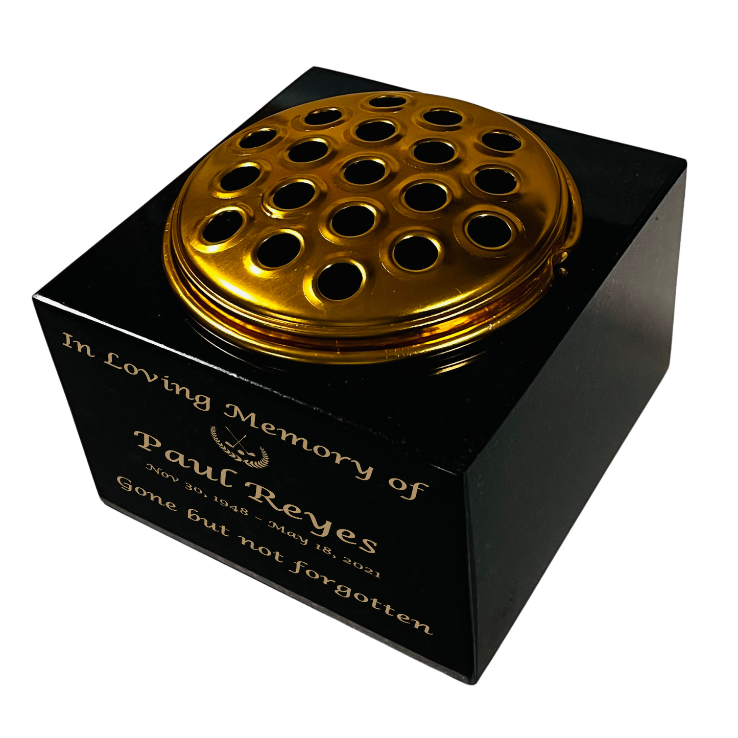 Granite Memorial Vase with Golf Design, Free Personalised Gold Engraving, Solid Granite 6 x 6 x 4 Inches