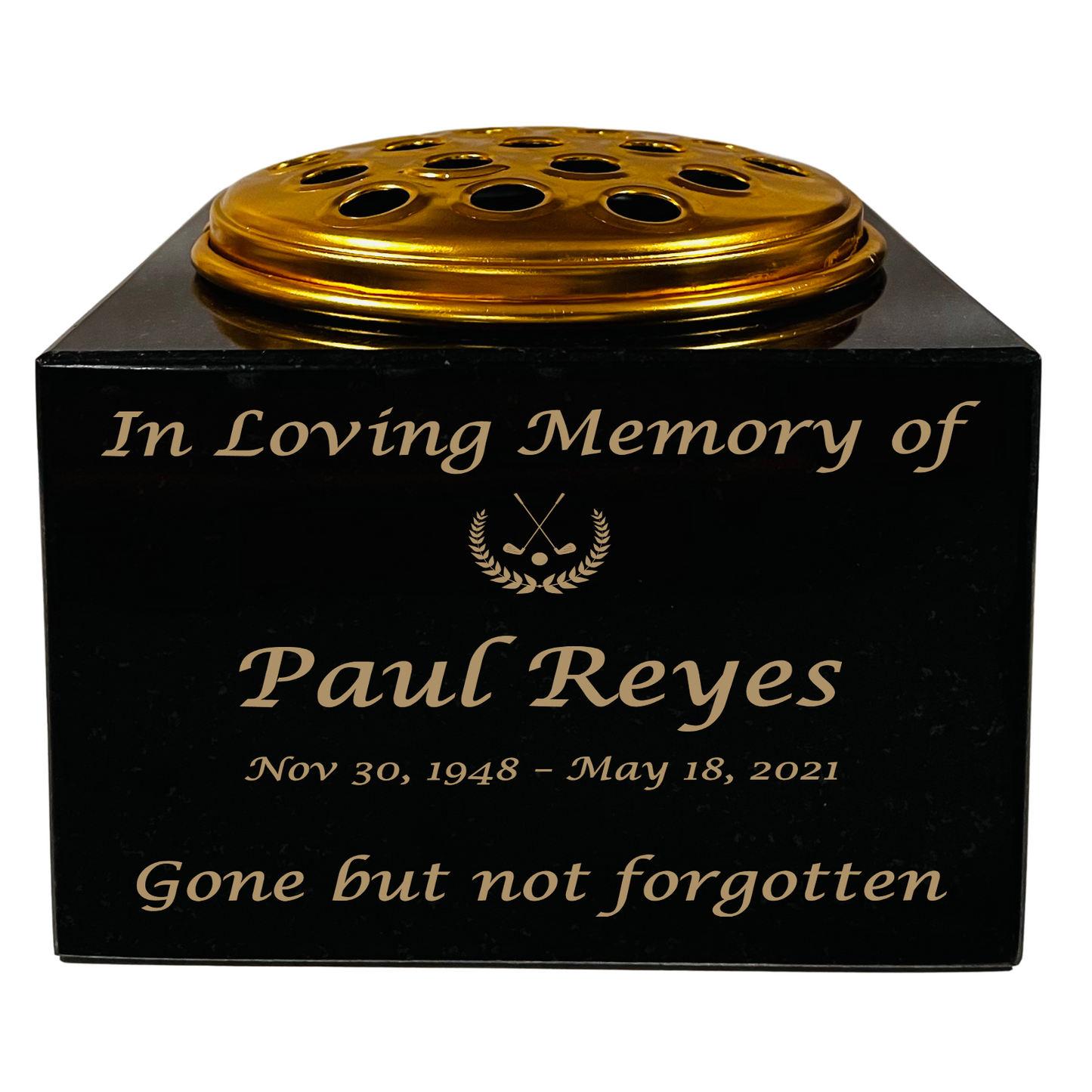 Granite Memorial Vase with Golf Design, Free Personalised Gold Engraving, Solid Granite 6 x 6 x 4 Inches