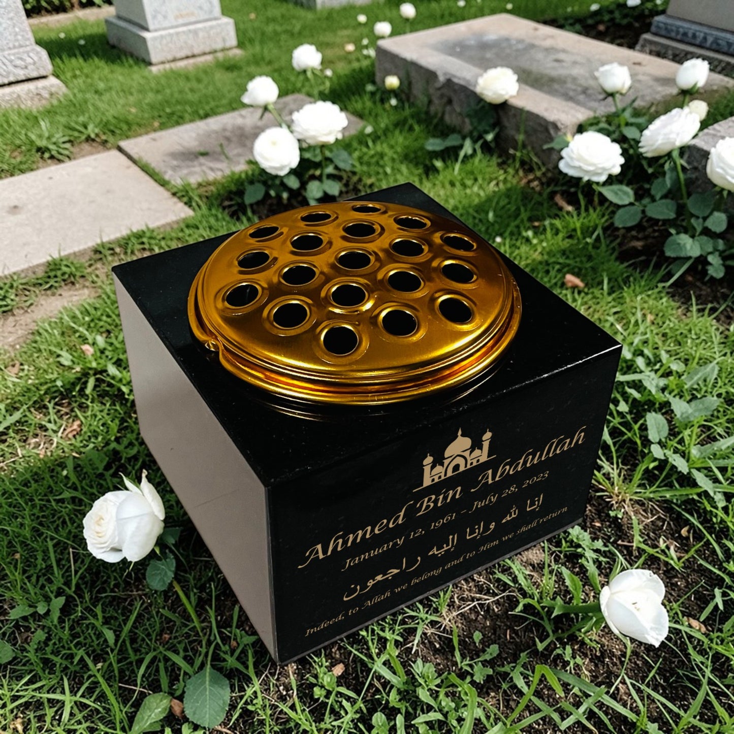 Granite Memorial Vase with Mosque Design, Free Personalised Gold Engraving, Solid Granite 6 x 6 x 4 Inches
