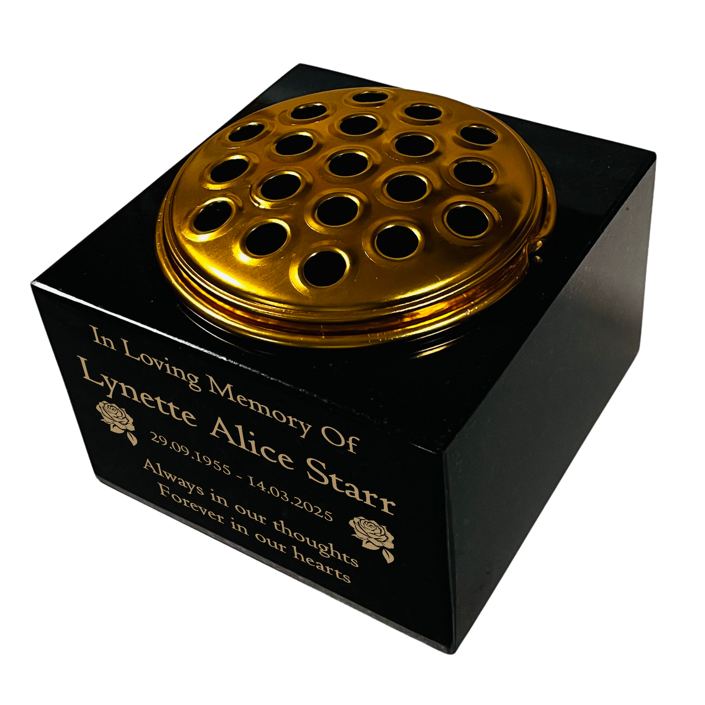 Granite Memorial Vase with Rose Design, Free Personalised Gold Engraving, Solid Granite 6 x 6 x 4 Inches