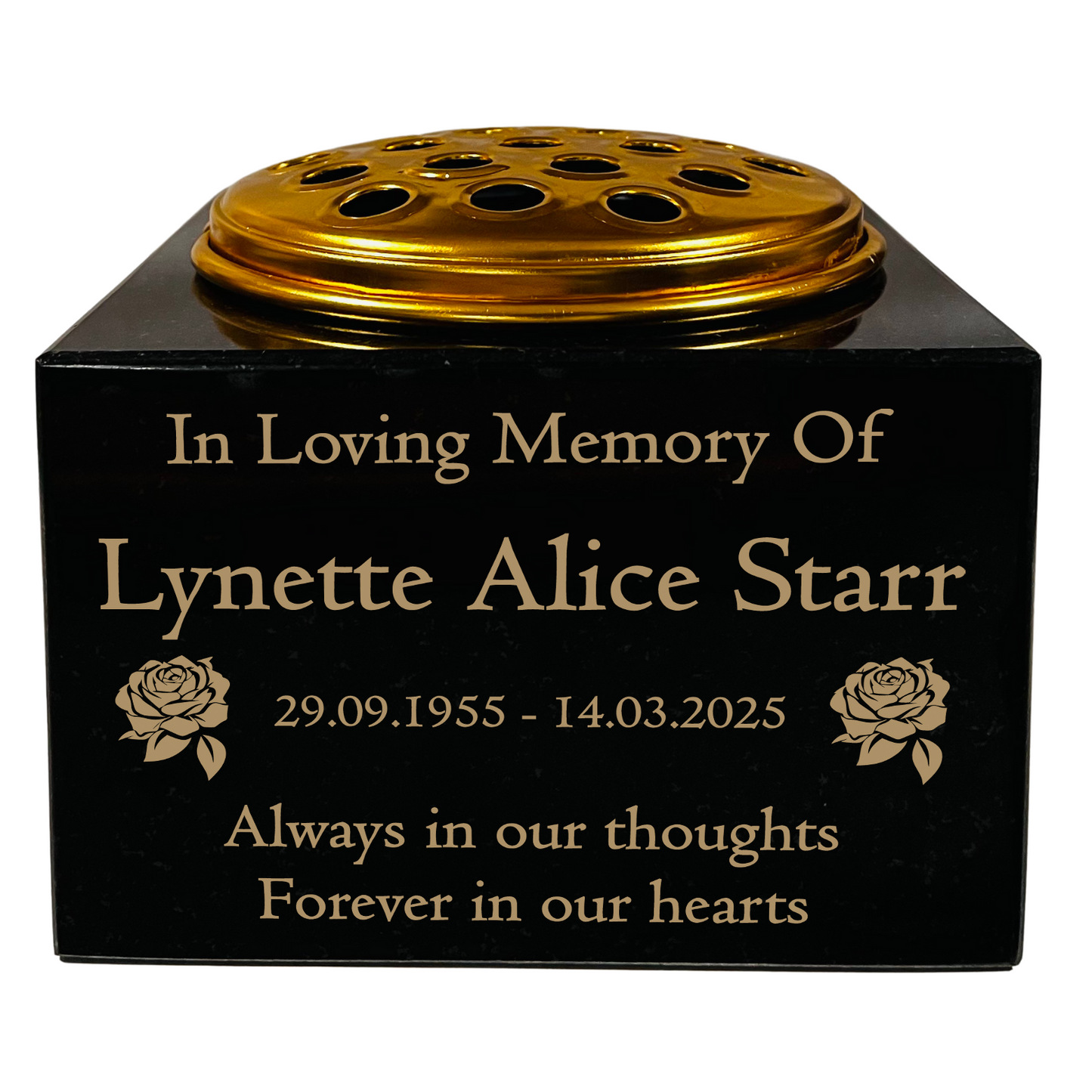 Granite Memorial Vase with Rose Design, Free Personalised Gold Engraving, Solid Granite 6 x 6 x 4 Inches