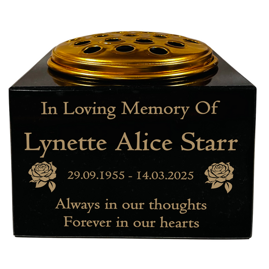 Granite Memorial Vase with Rose Design, Free Personalised Gold Engraving, Solid Granite 6 x 6 x 4 Inches