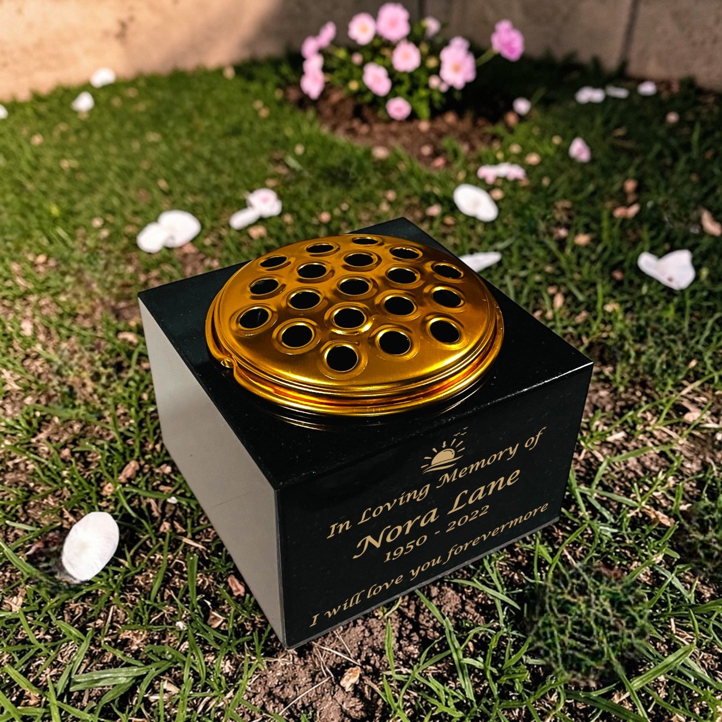 Granite Memorial Vase with Sunset Design, Free Personalised Gold Engraving, Solid Granite 6 x 6 x 4 Inches