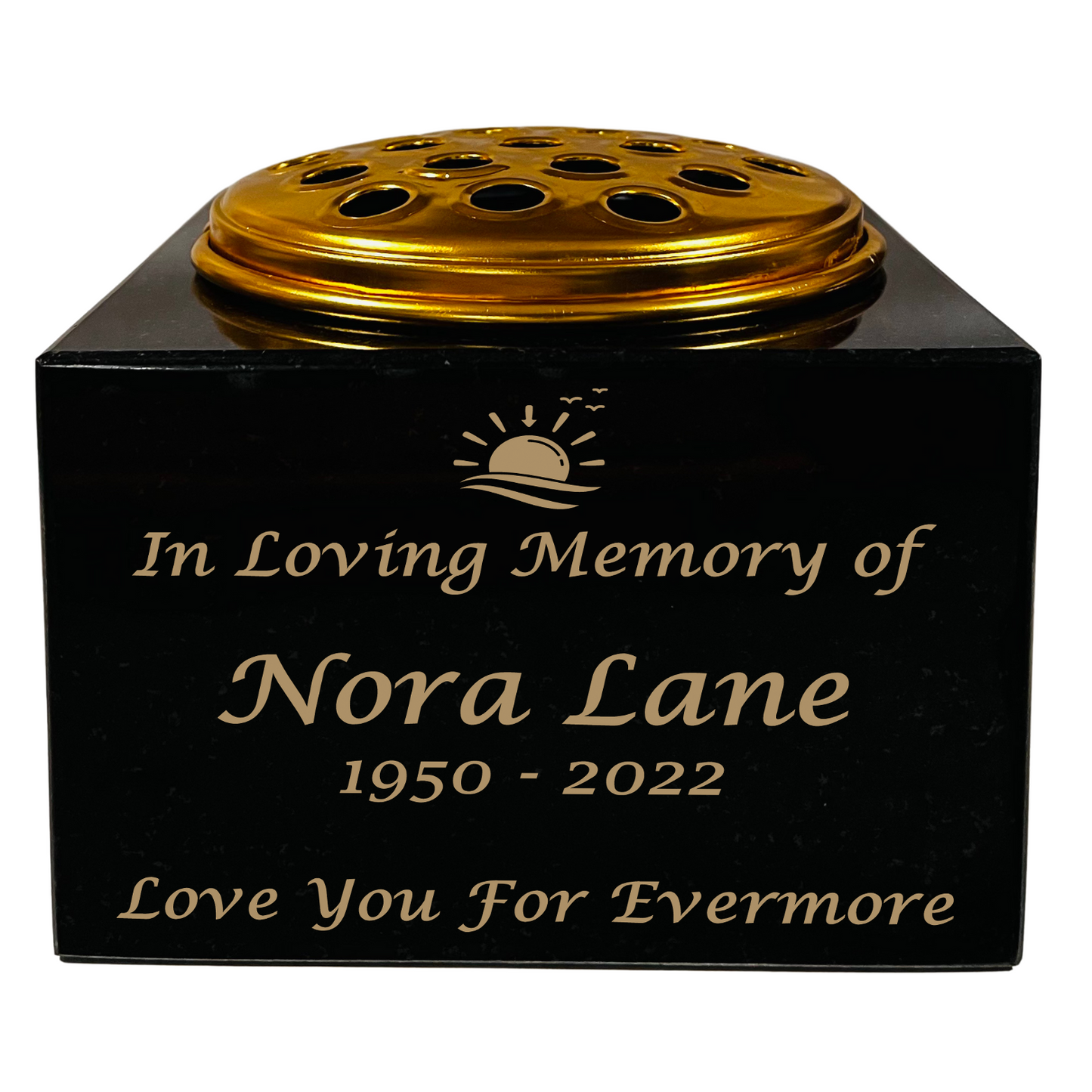 Granite Memorial Vase with Sunset Design, Free Personalised Gold Engraving, Solid Granite 6 x 6 x 4 Inches