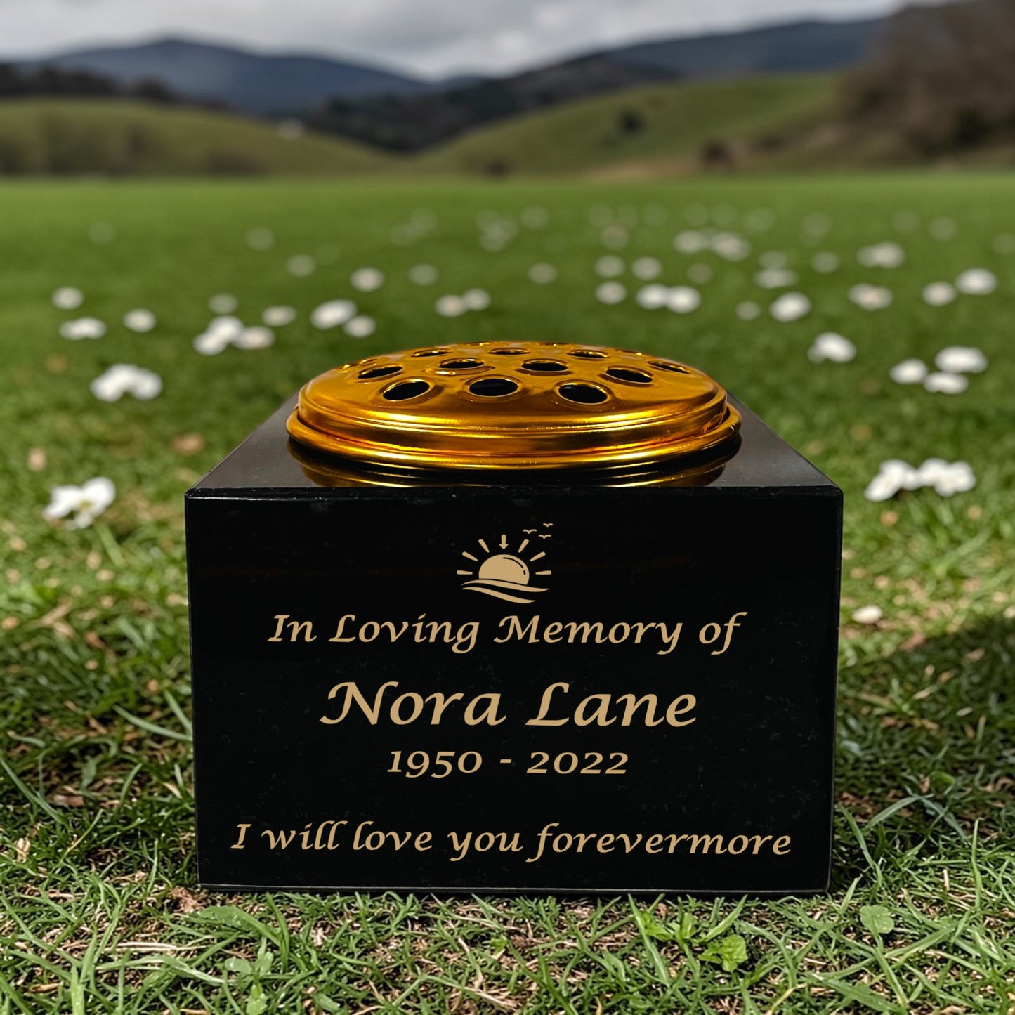 Granite Memorial Vase with Sunset Design, Free Personalised Gold Engraving, Solid Granite 6 x 6 x 4 Inches