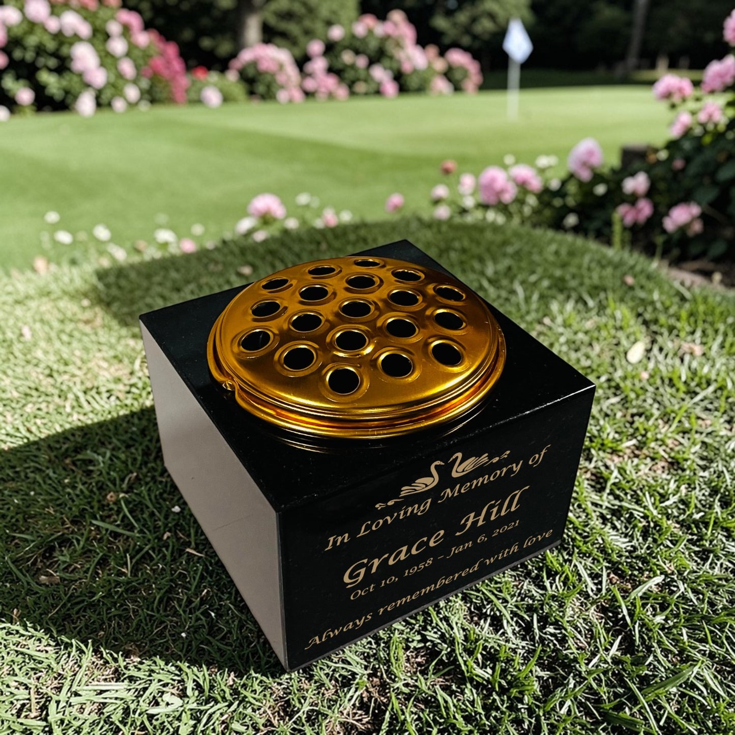 Granite Memorial Vase with Swan Design 1, Free Personalised Gold Engraving, Solid Granite 6 x 6 x 4 Inches