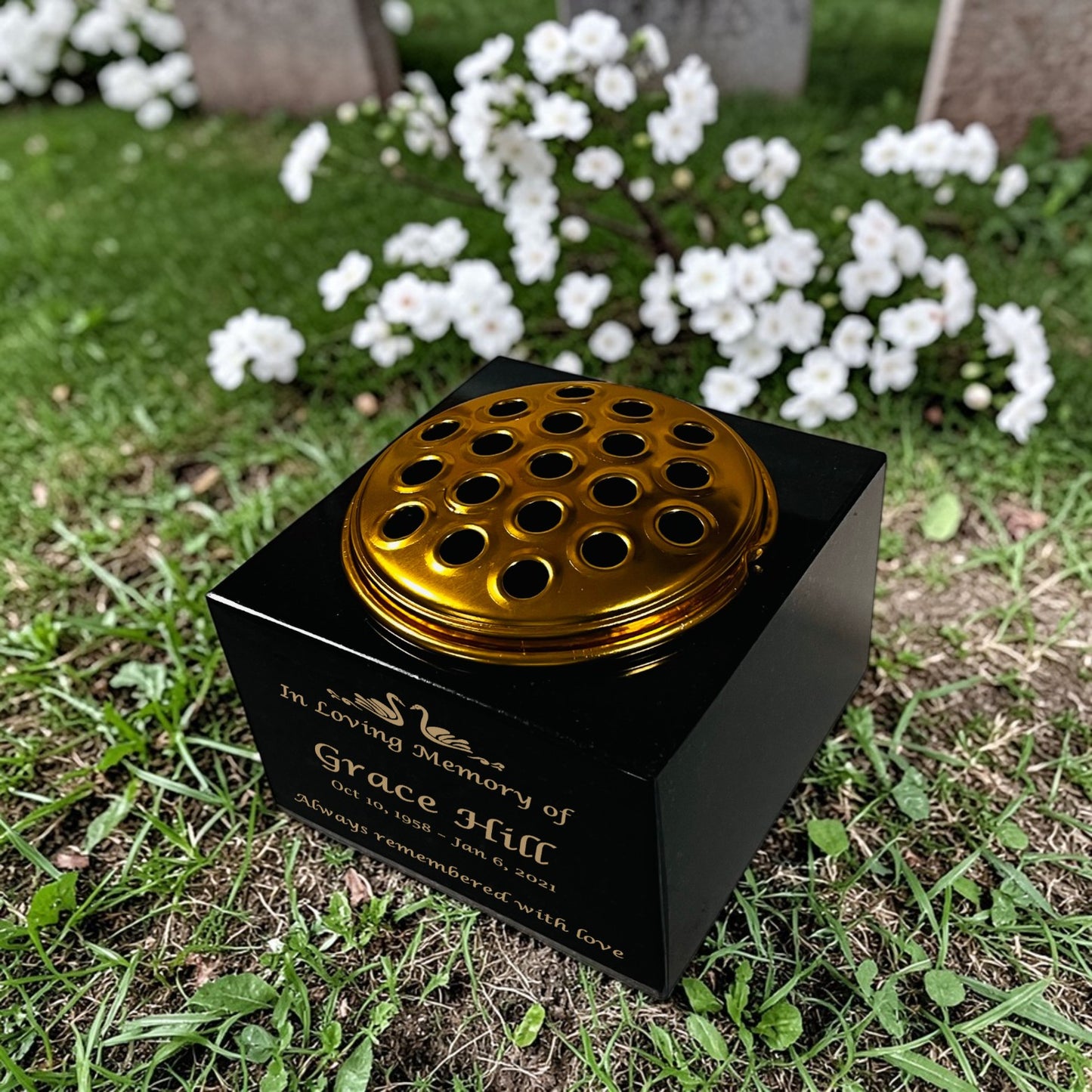 Granite Memorial Vase with Swan Design 1, Free Personalised Gold Engraving, Solid Granite 6 x 6 x 4 Inches