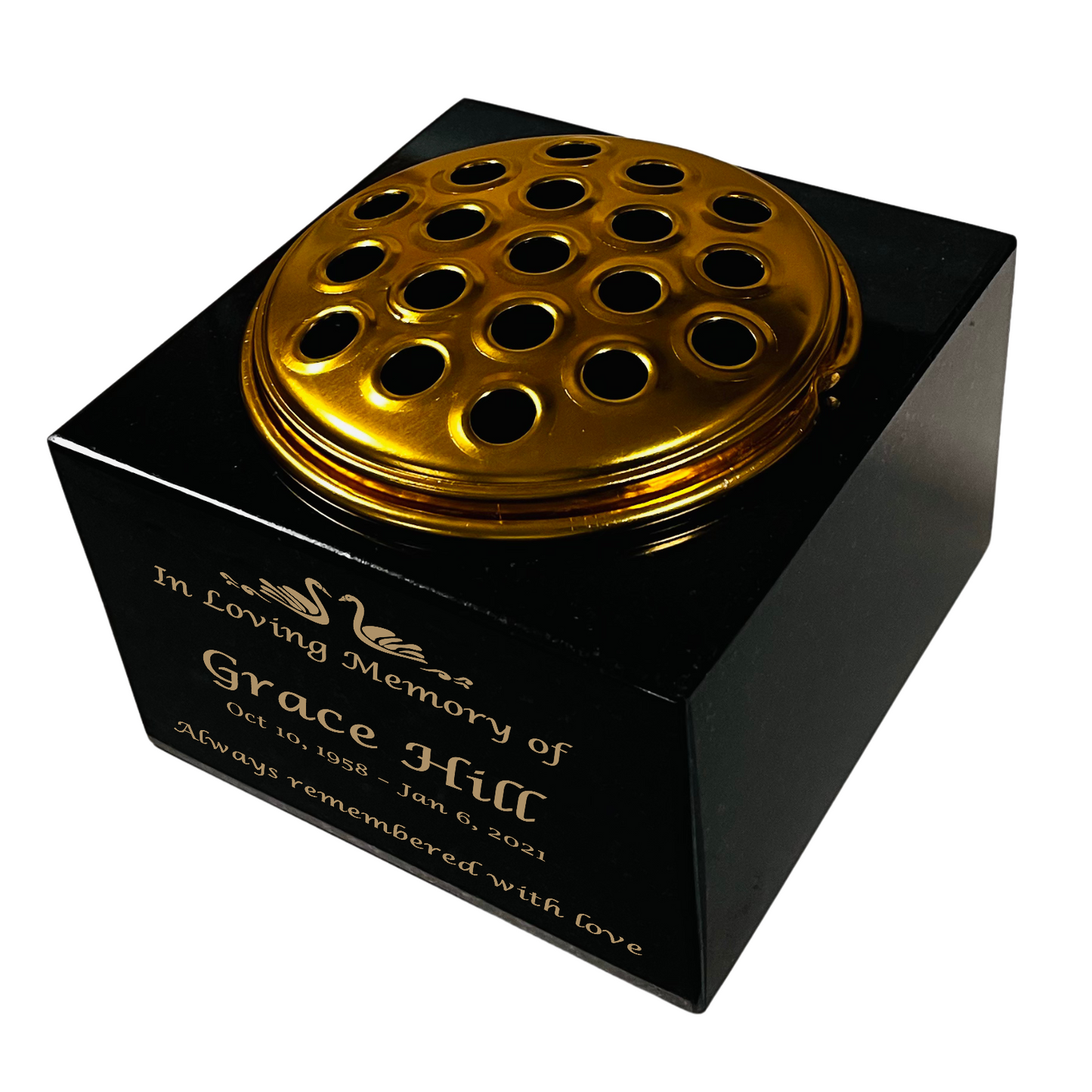 Granite Memorial Vase with Swan Design 1, Free Personalised Gold Engraving, Solid Granite 6 x 6 x 4 Inches