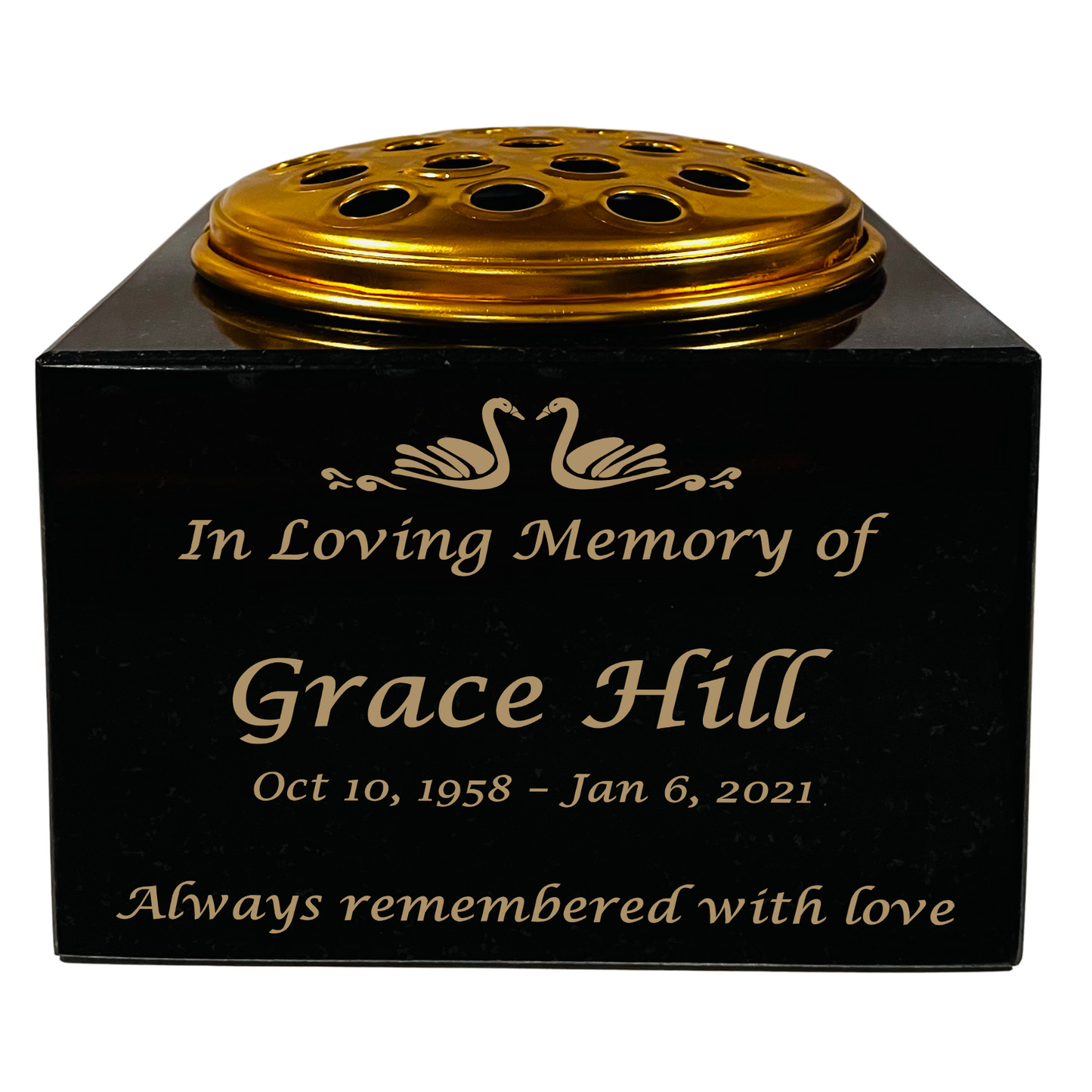 Granite Memorial Vase with Swan Design 1, Free Personalised Gold Engraving, Solid Granite 6 x 6 x 4 Inches
